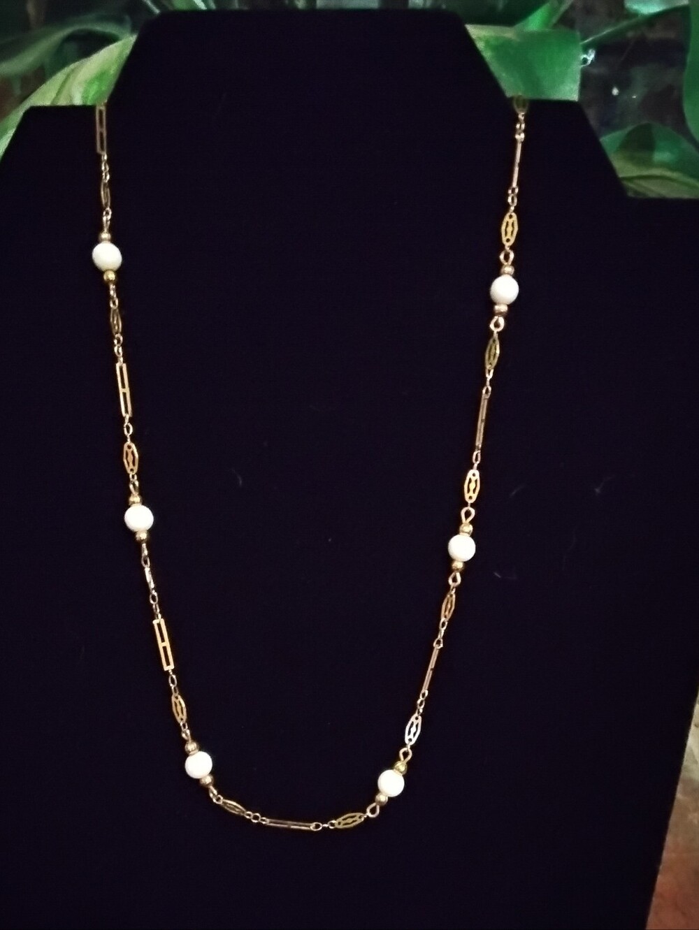 Monet Stamped Vintage Chain Necklace with White Beads
